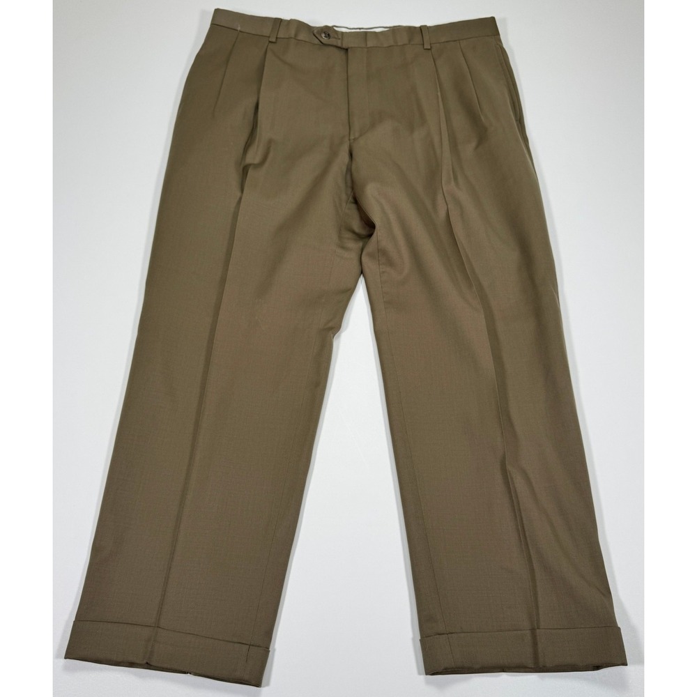 Austin Reed London Mens 37x28 Olive Wool Super 100s Pleated Cuffed Dress Pants